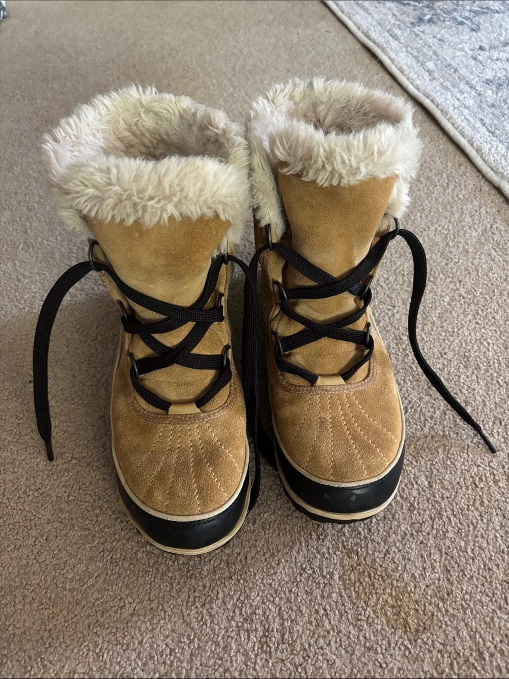Sorel Tan and Black Lace-Up Faux Fur Winter Boots